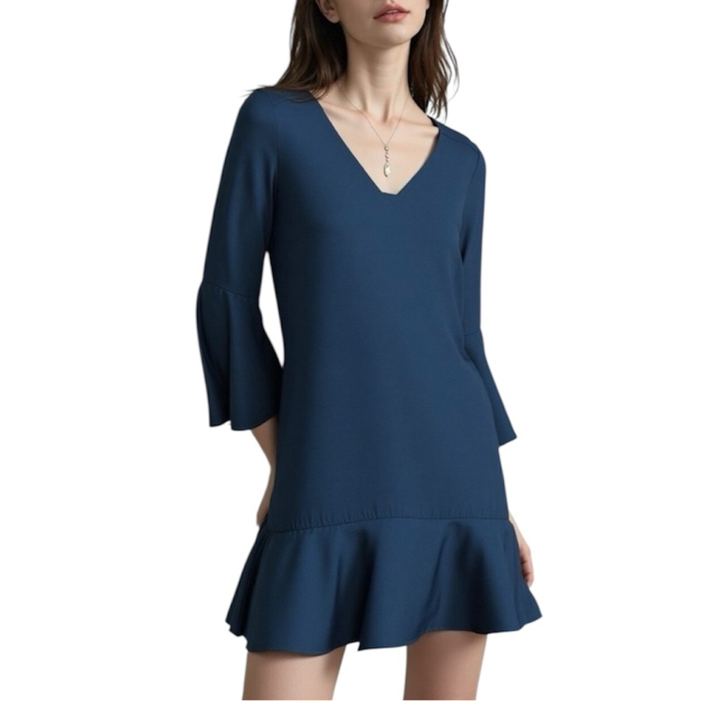 Anthropologie Navy V-Neck Ruffle Mini Dress